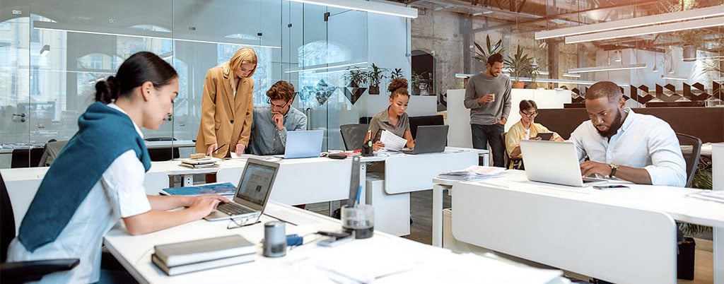 Office with coworkers working together at desks