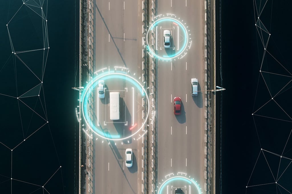 Overview Drone shot of cars on bridge with graphical elements surrounding cars