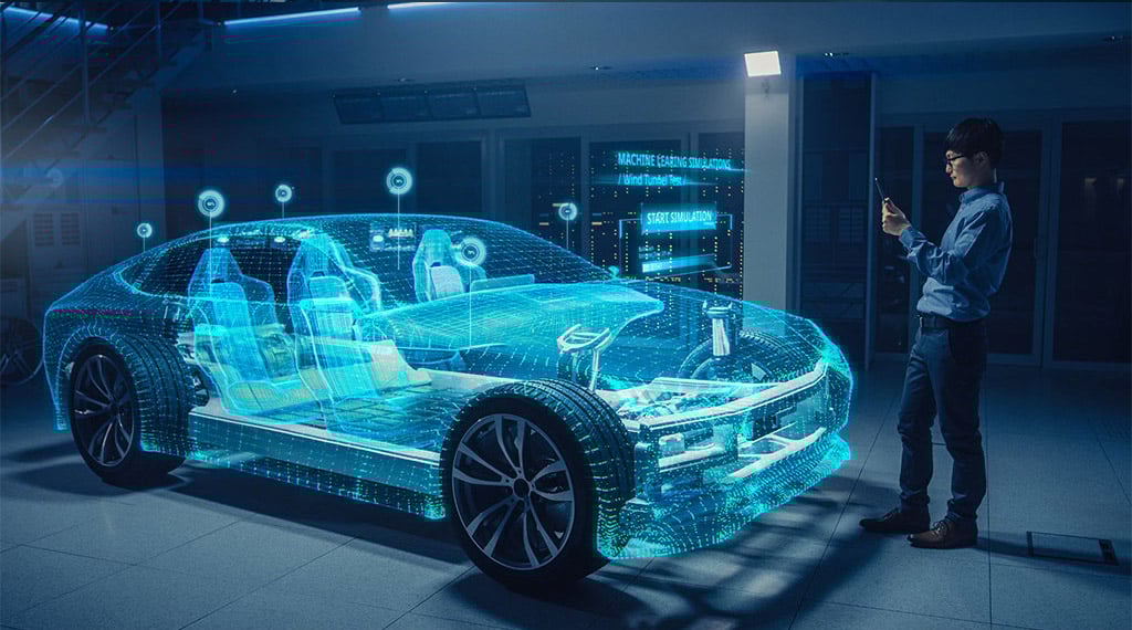 engineer standing in front of holographic car with tablet